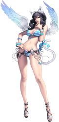 Rule 34 | 1girl, akasha (chaos online), animal ears, bangle, bikini, blue bikini, blue eyes, bracelet, breasts, cat ears, cat tail, chaos online, contrapposto, fingernails, full body, green eyes, hand on own hip, heterochromia, highres, jewelry, long fingernails, long hair, looking at viewer, love cacao, navel, o-ring, o-ring top, official art, parted lips, purple hair, sandals, solo, standing, swimsuit, tail, transparent background, wings