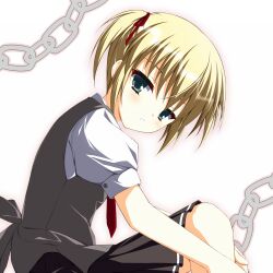 Rule 34 | 1girl, asagi nanami, black skirt, blonde hair, blush, chain, commentary, cowboy shot, crossed bangs, empty x embryo, eyebrows hidden by hair, eyelashes, floating hair, from side, green eyes, grey vest, hair between eyes, hair ribbon, head tilt, highres, hugging own legs, knee up, kono natsuki, leaning forward, looking at viewer, miniskirt, necktie, parted lips, pleated skirt, puffy short sleeves, puffy sleeves, red necktie, red ribbon, ribbon, school uniform, shirt, short hair, short sleeves, short twintails, simple background, sitting, skirt, solo, twintails, vest, white background, white shirt
