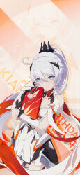 Rule 34 | 1girl, ahoge, armor, crown, english text, eyebrows hidden by hair, gift, highres, holding, holding gift, honkai (series), honkai impact 3rd, kiana kaslana, kiana kaslana (herrscher of flamescion), looking at viewer, official art, official wallpaper, ponytail, smile, solo, upper body, white armor, white background, white hair