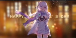 Rule 34 | 1girl, :d, alternate costume, backlighting, blurry, blurry background, box, braid, coat, cowboy shot, depth of field, emilia (re:zero), floating hair, fringe trim, fur-trimmed coat, fur trim, gift, gift box, giving, hair ribbon, happy valentine, head tilt, heart-shaped box, highres, holding, holding box, letterboxed, long hair, long sleeves, looking at viewer, miniskirt, open clothes, open coat, open mouth, outstretched arms, pleated skirt, purple eyes, purple ribbon, purple scarf, re:zero kara hajimeru isekai seikatsu, ribbon, scarf, shirt, skirt, smile, snowing, solo, standing, swd3e2, thighhighs, valentine, white coat, white hair, white shirt, white skirt, white thighhighs, wide shot, winter, winter clothes, zettai ryouiki