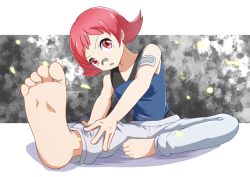 Rule 34 | 1girl, bandaid, bandaid on face, bandaid on nose, barefoot, breasts, creatures (company), feet, foot focus, game freak, highres, looking at viewer, maylene (pokemon), negimiso1989, nintendo, open mouth, pink eyes, pink hair, pokemon, pokemon dppt, short hair, soles, solo