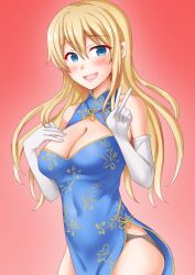 Rule 34 | 1girl, anti (untea9), atago (kancolle), blonde hair, blue dress, blush, breasts, china dress, chinese clothes, cleavage, dress, elbow gloves, gloves, gradient background, green eyes, hand on own chest, highres, kantai collection, large breasts, long hair, looking at viewer, open mouth, pink background, smile, solo, white gloves