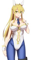 Rule 34 | 1girl, ahoge, animal ears, artoria pendragon (all), artoria pendragon (fate), artoria pendragon (swimsuit ruler) (fate), bare shoulders, blonde hair, blue neckwear, blue pantyhose, blush, braid, breasts, cleavage, clothing cutout, detached collar, elfenlied22, fake animal ears, fate/grand order, fate (series), fishnet pantyhose, fishnets, french braid, green eyes, hair between eyes, highleg, highleg leotard, highres, large breasts, leotard, long hair, looking at viewer, navel, navel cutout, pantyhose, playboy bunny, ponytail, rabbit ears, sidelocks, simple background, smile, solo, tiara, white background, white leotard, wrist cuffs