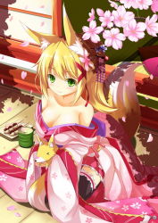 Rule 34 | &gt; &lt;, 1girl, animal ears, bare shoulders, black thighhighs, blonde hair, blush, breasts, cherry blossoms, cleavage, collarbone, dango, closed eyes, fatkewell, flower, food, fox, fox ears, fox tail, green eyes, hair flower, hair ornament, holding, japanese clothes, kimono, original, petals, sitting, smile, solo, tail, thighhighs, wagashi