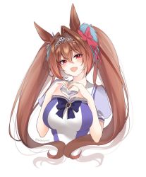 Rule 34 | 1girl, animal ears, blouse, bow, breasts, brown hair, carrot (robosquat), cropped torso, daiwa scarlet (umamusume), fang, hair bow, hair intakes, hands up, head tilt, heart, heart hands, highres, horse ears, horse girl, large breasts, open mouth, purple shirt, red eyes, school uniform, serafuku, shirt, simple background, smile, solo, tiara, twintails, twitter username, umamusume, vincent (looking glass), white background