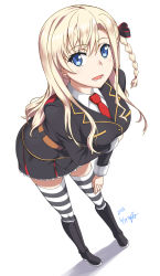 Rule 34 | 1girl, black footwear, blonde hair, blue eyes, braid, breasts, commentary request, dated, full body, hair ribbon, high school fleet, highres, large breasts, long hair, looking at viewer, military, military uniform, necktie, nishiumi yuuta, open mouth, red necktie, ribbon, signature, simple background, single braid, solo, standing, striped clothes, striped thighhighs, teeth, thighhighs, uniform, white background, wilhelmina braunschweig ingenohl friedeburg