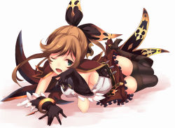Rule 34 | 10s, 1girl, ;d, black gloves, black thighhighs, boots, brown hair, clarisse (granblue fantasy), gloves, granblue fantasy, green eyes, hair ribbon, highres, long hair, one eye closed, open mouth, ribbon, sasakawa arumi, smile, solo, thighhighs