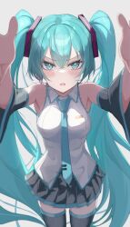 Rule 34 | 1girl, bare shoulders, black skirt, black sleeves, black thighhighs, blue eyes, blue hair, blue necktie, blush stickers, breasts, collared shirt, commentary, cowboy shot, detached sleeves, foreshortening, frilled shirt, frills, hair between eyes, hair ornament, hatsune miku, highres, kawasuru (15miclon), large breasts, legs apart, long hair, long sleeves, looking at viewer, miniskirt, necktie, open mouth, outstretched arms, pleated skirt, reaching, reaching towards viewer, shirt, sidelocks, simple background, skirt, sleeveless, sleeveless shirt, solo, straight-on, thighhighs, thighs, tie clip, twintails, v-shaped eyebrows, very long hair, vocaloid, white background, white shirt, zettai ryouiki
