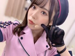 Rule 34 | 1girl, blurry, blurry background, costume, date sayuri, gloves, hat, indoors, looking at viewer, medium hair, microphone, photo (medium), selfie, solo, standing, voice actor