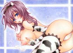 Rule 34 | 1girl, animal print, aoi yuuka (ao no kokoro), ass, blue eyes, blush, breast hold, breasts, cow girl, cow horns, cow print, elbow gloves, female focus, gloves, horns, huge breasts, lactation, long hair, looking at viewer, lying, nipples, on side, original, panties, purple hair, smile, solo, thighhighs, underwear