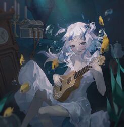 Rule 34 | 1girl, 6+others, alternate costume, blue eyes, blue hair, box, dress, fish, gawr gura, guitar, highres, hololive, hololive english, in water, instrument, jyuma, multicolored hair, multiple others, two-tone hair, virtual youtuber, water, watermark, white dress, white hair