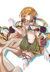 Rule 34 | 10s, 1girl, blonde hair, breasts, butter run, cleavage, clenched hand, elf, flower, mahou shoujo ikusei keikaku, mahou shoujo ikusei keikaku restart, melville (gensou suikoden), midriff, navel, pointy ears, rose, small breasts, solo, twintails, yellow eyes