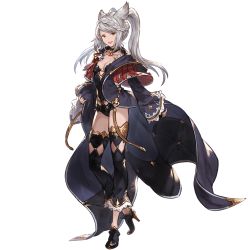 Rule 34 | 1girl, animal ears, braid, breasts, brown eyes, cleavage, erune, fraux, granblue fantasy, high heels, jewelry, long hair, long sleeves, looking at viewer, official art, open mouth, pendant, silver hair, solo, swept bangs, thighhighs, transparent background, twintails