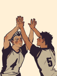 Rule 34 | 2boys, akaashi keiji, arms up, black hair, bokuto koutarou, brown eyes, chengongzi123, closed mouth, double high five, grey hair, haikyuu!!, highres, looking at another, male focus, multicolored hair, multiple boys, shirt, short hair, short sleeves, simple background, sportswear, streaked hair, t-shirt, thick eyebrows, upper body, very short hair, volleyball uniform, yellow background