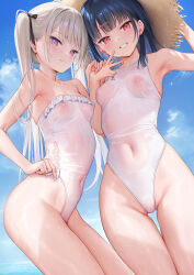 Rule 34 | 2girls, armpits, bare legs, bare shoulders, barefoot, beach, black hair, black ribbon, blue sky, blunt bangs, blush, breasts, closed mouth, cloud, cloudy sky, covered erect nipples, covered navel, cowboy shot, day, feet out of frame, female focus, food-themed hair ornament, grey hair, grin, hair ornament, hair ribbon, hairclip, half-closed eyes, hand on headwear, hat, highleg, highleg swimsuit, holding hands, horizon, ichigo-chan (mignon), kneeling, kouhai-chan (mignon), long hair, looking at viewer, medium hair, mignon, multiple girls, ocean, one-piece swimsuit, one-piece thong, original, outdoors, pink eyes, purple eyes, ribbon, sand, see-through, see-through swimsuit, sky, small breasts, smile, standing, strapless, strapless one-piece swimsuit, straw hat, strawberry hair ornament, sun hat, swimsuit, teeth, thigh gap, thighs, twintails, v, water, wet, wet clothes, white one-piece swimsuit