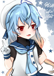 Rule 34 | 1girl, 9610 (kuroto), blonde hair, blue hair, blue neckerchief, blue sailor collar, commentary request, gloves, gradient hair, hat, highres, kantai collection, long hair, multicolored hair, neckerchief, one-hour drawing challenge, red eyes, sado (kancolle), sailor collar, sailor hat, shirt, sleeveless, sleeveless shirt, solo, undershirt, v, white gloves, white hat