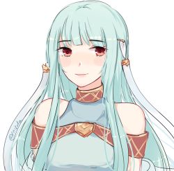 Rule 34 | 1girl, bare shoulders, blue hair, cape, dress, fire emblem, fire emblem: the blazing blade, hair ornament, long hair, looking at viewer, nana (mizukas), ninian, nintendo, red eyes, simple background, smile, solo