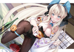Rule 34 | 1girl, alcohol, alternate costume, animal ears, bare shoulders, black bow, black leotard, blue bow, blue eyes, blush, bow, bowtie, braid, breasts, brown pantyhose, choko (cup), cleavage, commentary request, cup, detached collar, fake animal ears, fake tail, fate/grand order, fate (series), french braid, hair bow, highres, holding, holding cup, indoors, japanese clothes, kimono, kneeling, large breasts, leotard, long hair, looking at viewer, morgan le fay (fate), pantyhose, playboy bunny, rabbit ears, rabbit tail, renka (renkas), sleeveless, solo, strapless, strapless leotard, tail, very long hair, white hair, white kimono