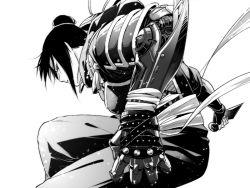 Rule 34 | 1girl, arm blade, armor, automail, breasts, feet out of frame, from side, fullmetal alchemist, greyscale, hair bun, holding, holding weapon, kunai, lan fan, light particles, long sleeves, looking at viewer, mechanical arms, monochrome, outstretched arm, pants, po (poppa-pict), profile, prosthesis, prosthetic arm, sash, scarf, shoulder armor, sidelocks, sideways glance, simple background, single hair bun, single mechanical arm, solo, updo, weapon