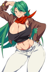 Rule 34 | abs, bandana, blush, breasts, brown jacket, cleavage, creatures (company), crop top, emmie (pokemon ecchi), eyebrows, eyebrows hidden by hair, flexing, game freak, green hair, hand on own hip, highres, jacket, jacket on shoulders, large breasts, long hair, looking at viewer, navel, nintendo, no bra, pants, poke ball, pokemon, pokemon ecchi, scarf, shiny skin, shishimai33, smile, standing, thick thighs, thighs, white background, white pants, wide hips, yellow eyes