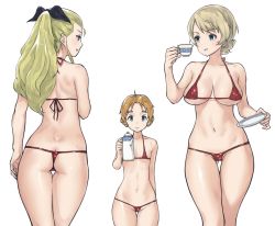 Rule 34 | 3girls, ass, assam (girls und panzer), back, bikini, black ribbon, blonde hair, blue eyes, braid, breasts, breasts apart, butt crack, closed mouth, commentary, cup, darjeeling (girls und panzer), dimples of venus, girls und panzer, gluteal fold, hair pulled back, hair ribbon, halterneck, holding, holding cup, holding saucer, holding teapot, large breasts, long hair, looking at another, micro bikini, multiple girls, navel, orange hair, orange pekoe (girls und panzer), parted bangs, parted lips, ponytail, red bikini, ribbon, saucer, short hair, simple background, small breasts, smile, standing, swept bangs, swimsuit, teacup, teapot, thigh gap, thighs, thong bikini, twin braids, white background, yamano rita