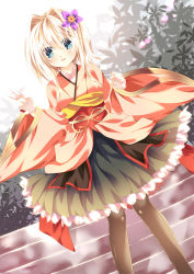Rule 34 | 1girl, blonde hair, blue eyes, clenched hand, day, dutch angle, flower, flower on head, hair between eyes, hair flower, hair intakes, hair ornament, japanese clothes, kimono, kimono skirt, leaf, lolita fashion, looking at viewer, nogi takayoshi, original, outdoors, pantyhose, short hair, short hair with long locks, solo, stairs, v, wa lolita