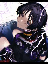 Rule 34 | 1boy, electricity, genshin impact, highres, lightning, looking at viewer, looking back, male focus, purple eyes, purple hair, purple lightning, scaramouche (genshin impact), shorts, smile