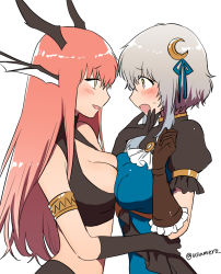 Rule 34 | 2girls, annis (dungeon and fighter), breast press, chaos (dungeon and fighter), dungeon and fighter, gloves, grey hair, hair ornament, hand on own hip, highres, knight (dungeon and fighter), multiple girls, pink hair, usamero, yellow eyes, yuri