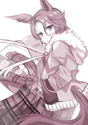 Rule 34 | 1girl, absurdres, akaya shiki, animal ears, asymmetrical clothes, closed mouth, clothes around waist, clothing cutout, coat, commentary request, denim, ear ornament, fur-trimmed coat, fur trim, hands in pockets, highres, horse ears, horse girl, horse tail, jacket, jeans, long sleeves, looking at viewer, narita taishin (umamusume), open clothes, open coat, pants, plaid, plaid jacket, plaid sweater, shirt, short hair, simple background, single pantsleg, solo, sweater, sweater around waist, tail, tail through clothes, tied shirt, torn clothes, torn jeans, torn pants, umamusume, white background