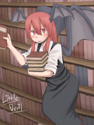 Rule 34 | 1girl, black skirt, black vest, blush, book, book stack, character name, collared shirt, commentary request, demon girl, demon wings, fang, feet out of frame, flying, grey wings, hair between eyes, head wings, highres, holding, holding book, koakuma, kuri dora, library, long bangs, long hair, looking at viewer, open mouth, red eyes, red hair, shirt, sidelocks, skirt, skirt set, sleeves rolled up, solo, touhou, vest, white shirt, wings