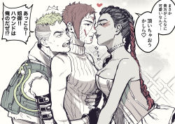 Rule 34 | 1boy, 2girls, androgynous, apex legends, bisexual female, black gloves, black hair, bloodhound (apex legends), boy and girl sandwich, braid, breasts, brown eyes, cable, choker, cropped vest, daichi midori, eyeshadow, facepaint, fingerless gloves, genderswap, genderswap (otf), gloves, green hair, green vest, hair behind ear, hug, hug from behind, imminent kiss, jealous, loba (apex legends), makeup, medium breasts, multicolored hair, multiple girls, octane (apex legends), open mouth, parted lips, red eyeshadow, red hair, ribbed sweater, sandwiched, scar, shirt, short hair, sleeveless, sleeveless sweater, speech bubble, strapless, strapless shirt, sweatdrop, sweater, translation request, twin braids, two-tone hair, v-shaped eyebrows, very short hair, vest