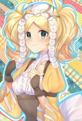 Rule 34 | 1girl, blonde hair, blush, brown gloves, clenched hands, edamameoka, fingerless gloves, fire emblem, fire emblem awakening, gloves, green eyes, hair ornament, highres, lissa (fire emblem), long sleeves, looking at viewer, nintendo, parted bangs, smile, solo, twintails, upper body, wide sleeves