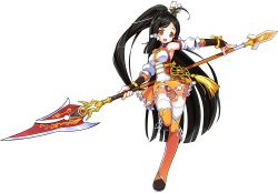 Rule 34 | 1girl, ara haan, ara han, armpits, black hair, detached sleeves, dress, elsword, full body, hair ornament, hair ribbon, high ponytail, holding, holding weapon, leg up, little xia (elsword), long hair, looking at viewer, official art, open mouth, orange eyes, outstretched arm, polearm, ress, ribbon, solo, thighhighs, transparent background, weapon, white ribbon, white thighhighs