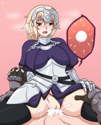 Rule 34 | armor, armored dress, doom (game), doom (series), doom eternal, doomguy, fate/apocrypha, fate/grand order, fate (series), fertilization, happy sex, highres, impregnation, interlocked fingers, jeanne d&#039;arc (fate), looking at viewer, ovum, sex, thighhighs, thighs, vaginal