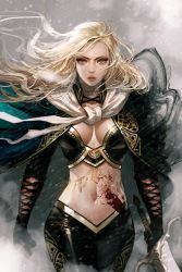 Rule 34 | 1girl, black gloves, blonde hair, blood, blue eyes, breasts, cape, choker, cleavage, fog, gloves, hip focus, holding, holding sword, holding weapon, large breasts, midriff, navel, original, serious, solo, sword, tahra, weapon
