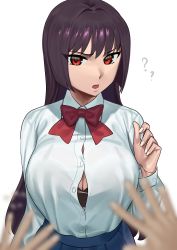 Rule 34 | 1girl, 1other, absurdres, bad id, bad twitter id, black bra, black hair, bow, bowtie, bra, breasts, bursting breasts, button gap, cleavage, collared shirt, hand up, highres, ijiranaide nagatoro-san, large breasts, long hair, long sleeves, looking at viewer, nia (nia4294), partially unbuttoned, popped button, pov, red eyes, red neckwear, shadow, shirt, shirt tucked in, simple background, sunomiya sana, underwear, white background, white shirt