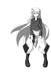 Rule 34 | 10s, 1girl, absurdres, boots, full body, greyscale, gun, h&amp;k mp7, heckler &amp; koch, heterochromia, highres, infinite stratos, jodhpurs, laura bodewig, long hair, looking at viewer, machine pistol, military, monochrome, no eyepatch, pants, personal defense weapon, sikino, simple background, solo, submachine gun, very long hair, weapon
