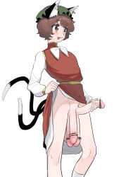 Rule 34 | 1futa, animal ear fluff, animal ear piercing, animal ears, bar censor, blush, bow, bowtie, brown hair, cat ears, cat tail, censored, chen, clothes lift, commentary request, dress, dress lift, extra penises, flaccid, frogsnake, futanari, green hat, hat, huge penis, huge testicles, jewelry, long sleeves, looking to the side, mob cap, multiple tails, open mouth, penis, penis grab, red dress, red eyes, shirt, short hair, simple background, slit pupils, smile, solo, standing, tail, testicles, touhou, white background, white bow, white bowtie, white shirt, wide hips
