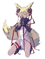 Rule 34 | 1boy, animal ears, artist request, backless outfit, bad id, bad twitter id, barefoot, crossdressing, dress, elbow gloves, erune, fox ears, gloves, granblue fantasy, hair ornament, hair ribbon, hibiinfo, kneeling, kou (granblue fantasy), long hair, male focus, off shoulder, ribbon, sword, tail, weapon, yellow eyes