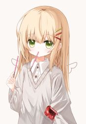 Rule 34 | 1girl, blonde hair, collared shirt, commentary request, drawn wings, dress shirt, food, green eyes, grey background, grey sweater, hair between eyes, hair ornament, hairclip, hand up, holding, holding food, long hair, long sleeves, original, pocky, puffy long sleeves, puffy sleeves, shirt, simple background, solo, sweater, upper body, waka (yuuhagi (amaretto-no-natsu)), white shirt, yuuhagi (amaretto-no-natsu)