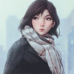 Rule 34 | 1girl, black jacket, blurry, blurry background, brown eyes, brown hair, closed mouth, commentary request, depth of field, fringe trim, highres, jacket, lips, looking away, looking to the side, miura-n315, nose, scarf, snow, solo, taiho shichauzo, tsujimoto natsumi, upper body, white scarf