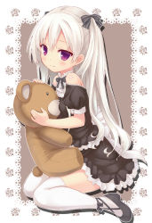 Rule 34 | 1girl, bare shoulders, blush, bow, dress, hair bow, long hair, looking at viewer, original, purple eyes, ryo (botugo), short sleeves, silver hair, sitting, smile, solo, stuffed animal, stuffed toy, teddy bear, thighhighs, twintails, two side up, wariza, white thighhighs
