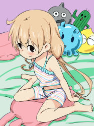 Rule 34 | 10s, 1girl, absurdres, barefoot, blonde hair, blush, cactus, child, closed mouth, eyebrows, feet, female focus, futaba anzu, highres, idolmaster, idolmaster cinderella girls, long hair, long twintails, looking at viewer, m-thet, navel, shadow, sitting, solo, stuffed animal, stuffed toy, twintails, wariza