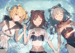 Rule 34 | 3girls, animal ears, arknights, bandeau, bare shoulders, bear ears, black choker, black hair, black sailor collar, blonde hair, blue eyes, book, candy hair ornament, choker, collarbone, commentary request, crop top, eva (puyi), flower, food-themed hair ornament, gummy (arknights), hair flower, hair ornament, hairband, hand up, holding, holding book, holding hands, istina (arknights), long hair, looking at viewer, midriff, monocle, multiple girls, navel, one eye closed, orange eyes, red hairband, sailor collar, see-through, shirt, short hair, short sleeves, smile, stomach, strapless, tube top, white flower, zima (arknights)