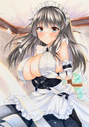 Rule 34 | 1girl, apron, azur lane, black dress, breast lift, breasts, center opening, charybdis (azur lane), curtains, day, dress, from below, gloves, grey eyes, grey hair, hairband, highres, indoors, lace-trimmed hairband, lace trim, large breasts, long hair, looking at viewer, maid headdress, marker (medium), shin kun30, sleeveless, sleeveless dress, solo, traditional media, white apron, white gloves, window