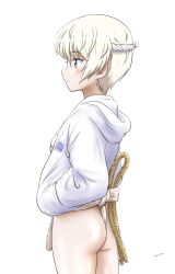 1girl absurdres ass blonde_hair blue_eyes blush breasts closed_mouth fundoshi girls_und_panzer hands_in_pockets highres hiyama_yuu_(wee259hiyama) japanese_clothes mizu_happi outdoors short_hair signature simple_background small_breasts solo white_background youko_(girls_und_panzer)