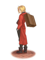 Rule 34 | 1boy, antenna hair, black footwear, black pants, blonde hair, boots, carrying over shoulder, coat, edward elric, expressionless, from behind, full body, fullmetal alchemist, gloves, hand in pocket, highres, light smile, looking back, male focus, pants, red coat, shaded face, shadow, simple background, standing, suitcase, tabixneko, white background, yellow eyes