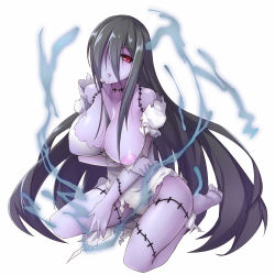 Rule 34 | 1girl, barefoot, black hair, black sclera, blue skin, breasts, brll, colored sclera, colored skin, feet, hair in own mouth, hair over one eye, kashima reiko (tokyo tenma), large breasts, long hair, looking at viewer, nipples, red eyes, soles, solo, stitches, toes, tokyo tenma, torn clothes, very long hair