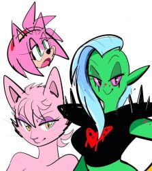 Rule 34 | 3girls, amy rose, animal ears, blush, breasts, cat ears, colored skin, green eyes, green skin, looking at viewer, multiple girls, open mouth, pink hair, purple eyes, short hair, simple background, smile, sonic (series), suggestive, watatanza, white background