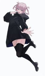 Rule 34 | 1girl, aiko (kanl), black coat, black footwear, blue eyes, blunt bangs, boots, coat, commentary, fangs, full body, hair rings, highres, hood, hooded coat, looking at viewer, nanakusa nazuna (yofukashi no uta), open hand, open mouth, outstretched hand, purple hair, ringed eyes, simple background, solo, symbol-only commentary, thigh boots, white background, yofukashi no uta